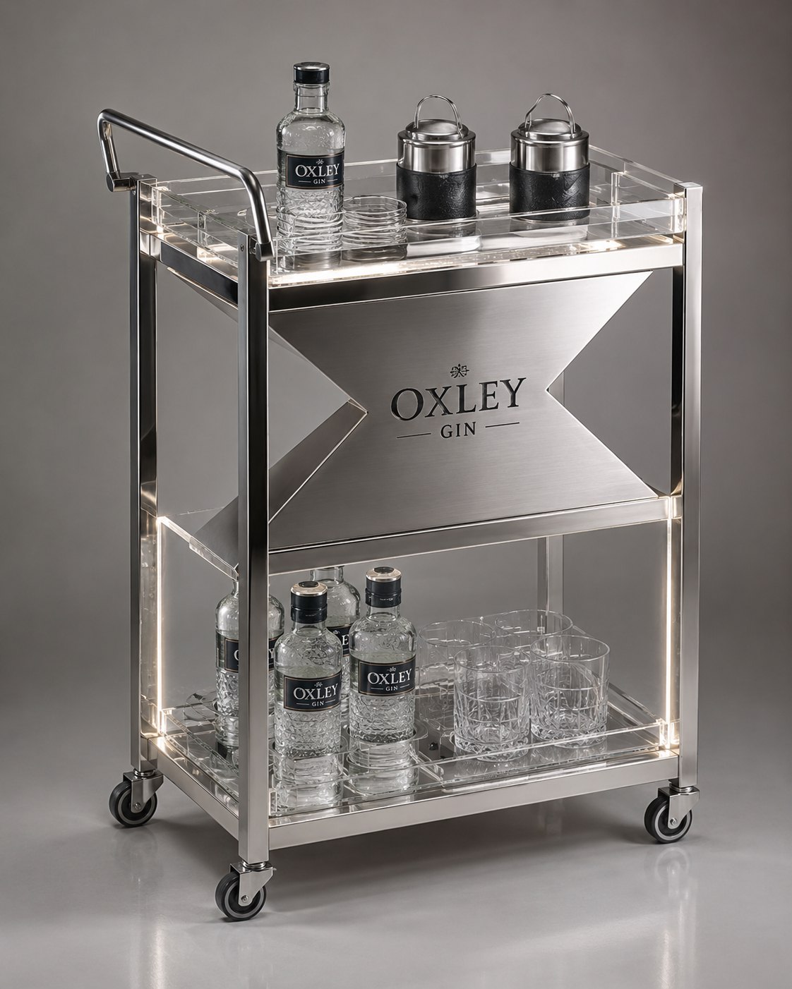 Stainless steel Oxley Gin cart with LED-lit acrylic shelves