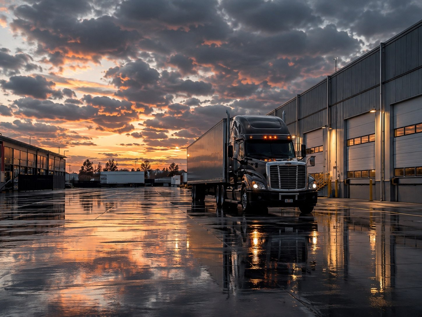 Freight truck at the warehouse loading docks at dusk