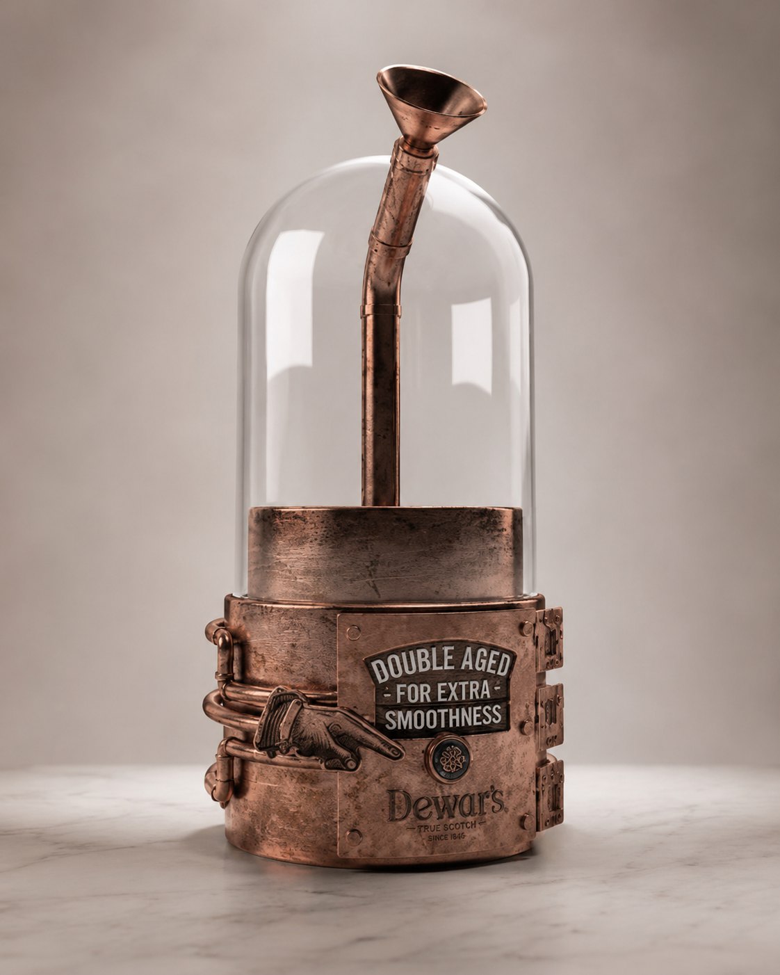 Copper steampunk-style Dewar's spirit vaporizer under a glass dome