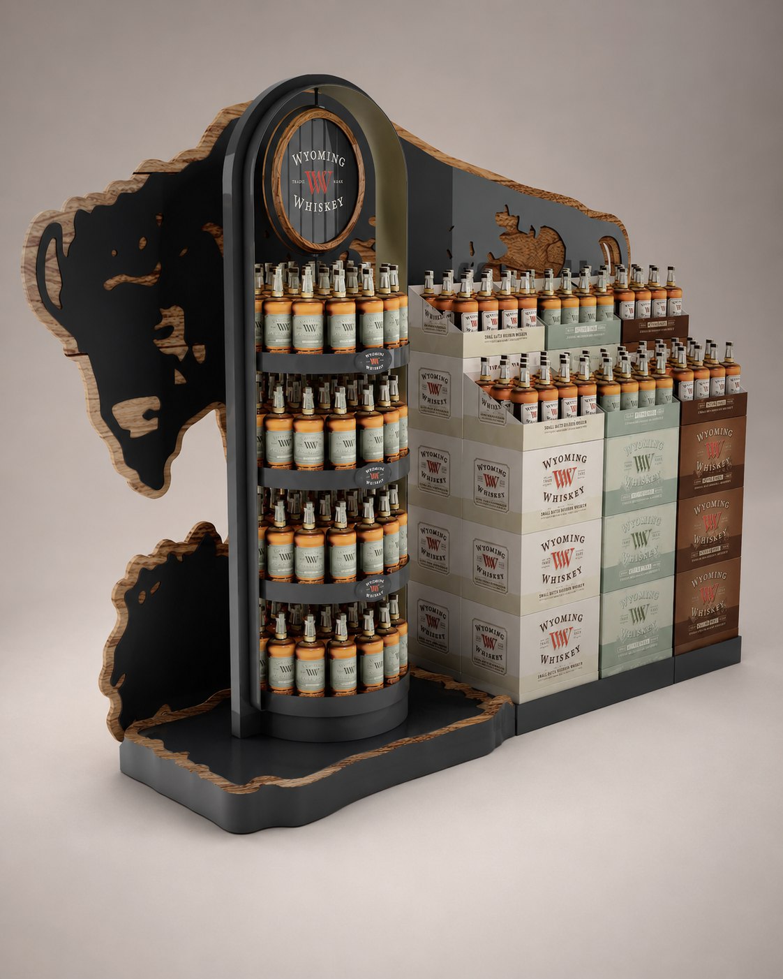 Buffalo-shaped wood and metal retail display holding Wyoming Whiskey bottles and cases